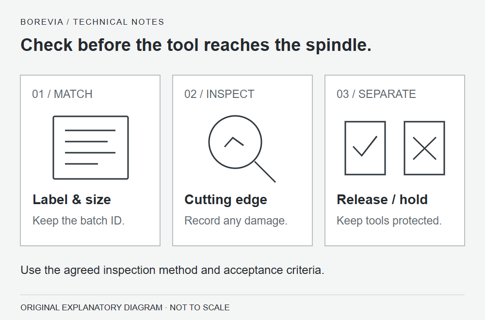 PCB tool receiving workflow: match the label and size, inspect the cutting edge, separate released tools from tools on hold